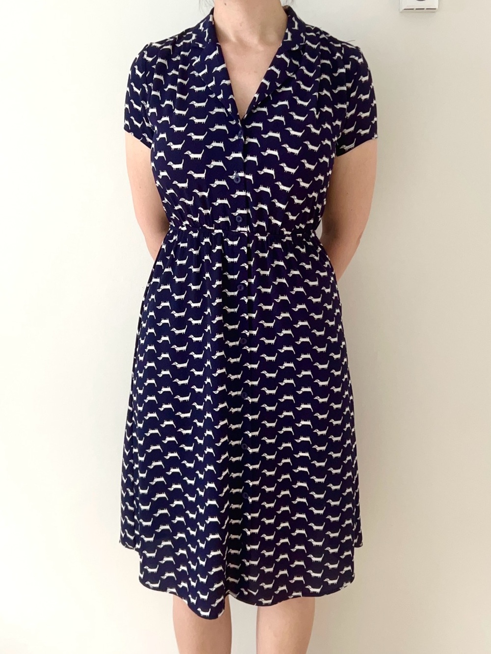 Navy Blue Short Sleeve Shirt Dress with White Dog Print